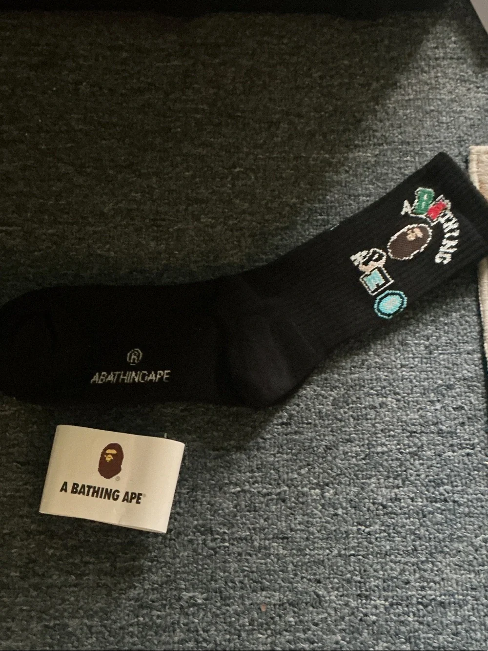 A Bathing Ape Black Crew Socks with Colorful Icon Embroidery